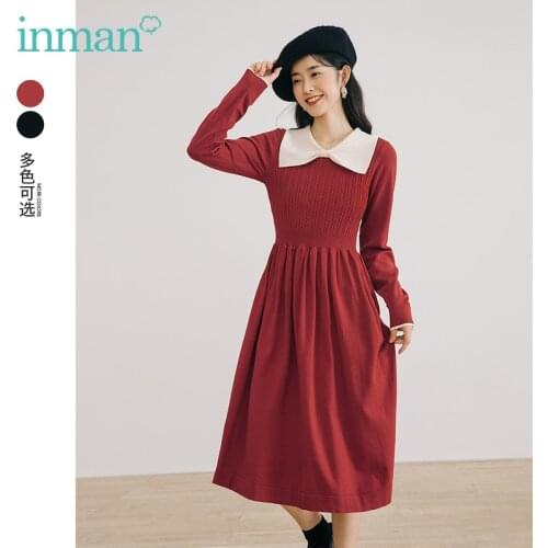 INMAN Autumn Dress for Women Sweet Kawaii Bow-knot Lapel Collected Waist Black or Red Elegant A-Line One-Piece