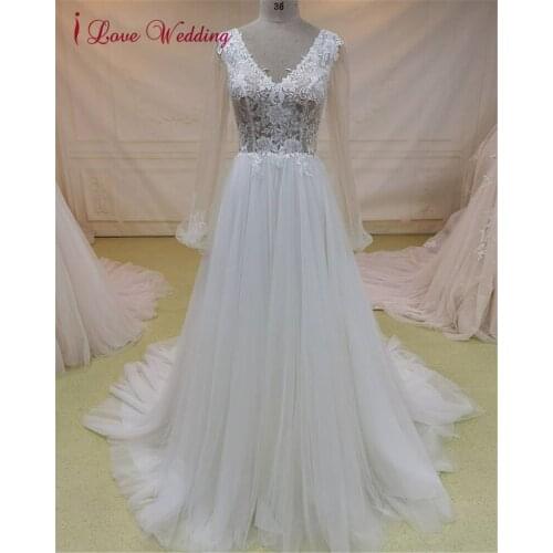100% Real Custom Lace Apllique A Line Tulle Wedding Dress V Neck Sheer Long Sleeve Open Back Gorgeous Bridal Gown robe de mariée