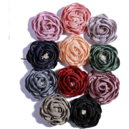 120PCS 7CM Vintage Burned Eage Satin Flowers With Stamen For Headdress Corsage Flower For Hat Dress Accessories