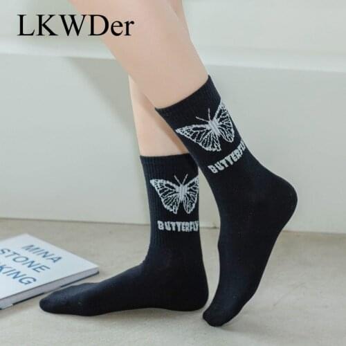 LKWDer 5 Pairs White Socks Womens Tide New Cotton Korean Cartoon College Style High Tube Socks Japanese Butterfly Ins Girls Sock