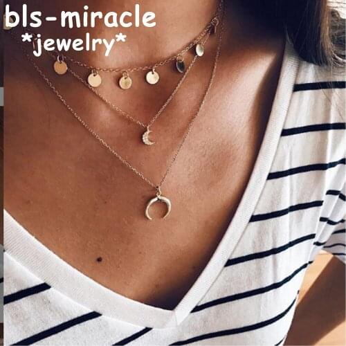 Bohemian Retro Metal Multi-layer Necklace For Women Girl Fashion Gold Color Horn Sequin Moon Pendant Necklace Collar Jewelry