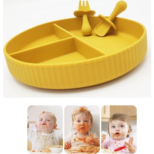 BPA Free Silicone Baby Feeding Plate With Spoon Fork Children Tableware Strong Suction Anti-Spill Kids Self Learn Eating Dishes