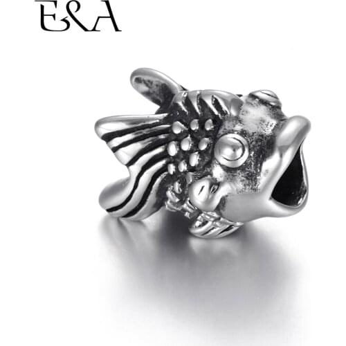 Stainless Steel Beads Fish 5mm Hole Blacken Metal European Bead Slider Animal Charms for Bracelet DIY Jewelry Making Supplies