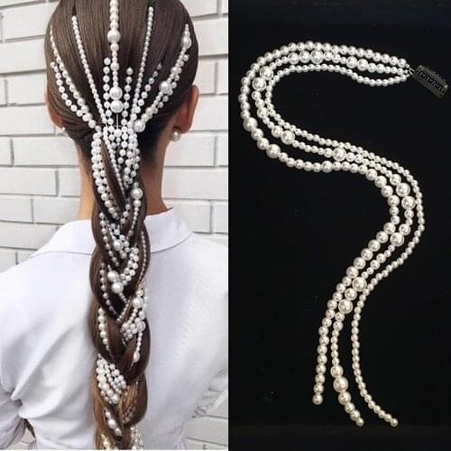 Punk Bohemian Ponytail Hair Extension Chain Wedding Hair Accessories Jewelry Pearl Metal Hair Extension Clip for Girls andWomen