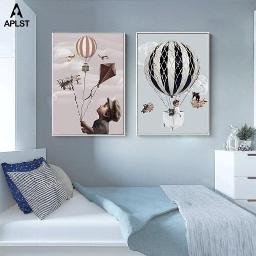 Kids Creative Imagination Canvas Posters & Prints Nursery Decor Balloon Kite Old Plane Paintings Baby Child Pictures for Bedroom