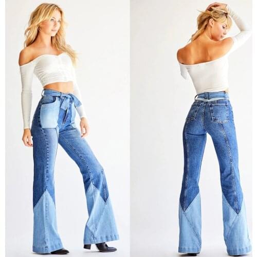 FNOCE autumn womens jeans fashion trends casual multi-color Spliced high waist skinny Flare Pants denim trousers (Includes belt