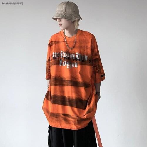 Tie-dye Stripe Hole Niche Design Sense of National Tide Short-sleeved T-shirt Men and Women with the Same Loose Five-point