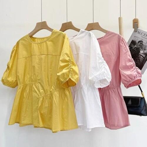 Cotton 100% Solid Women T-Shirts Summer New Design 2021 Pleated Loose Casual Female Pulls Tops Tees