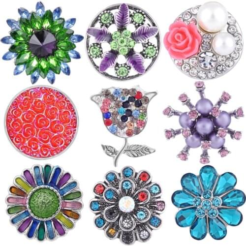 20pcs Wholesale Snap Jewelry 18mm Snap Buttons Mixed Rhinestone Metal Flower Snaps Buttons for Snap Bracelet Bangle VN-1982