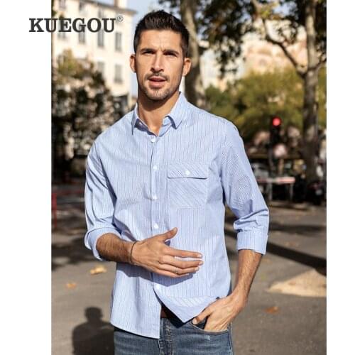 KUEGOU 100% Cotton spring Autumn Mans Shirt Blue Long Sleeve leisure Elastic fashion Striped Shirts men top Plus size BC-20518