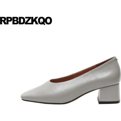 Square Toe Pumps Vintage Black Size 4 34 Women Leather Grey Shoes Formal Chunky Block 2021 Genuine Beige Thick Medium Heels