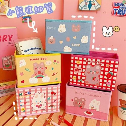 Cute Pen Holder Kawaii Pencil Organizer Desk Set Accessories for Girls Office School Square Container Desktop Storage Box Basket