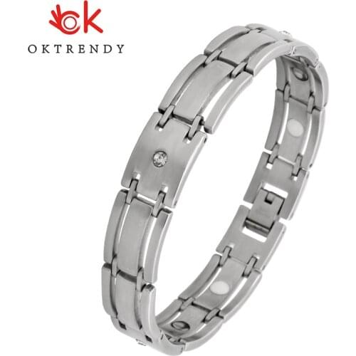 Oktrendy Silver Color Crystal Stone Men Bracelets Energy Balance Therapy Bracelet Stainless Steel Link with Magnet Power Stones
