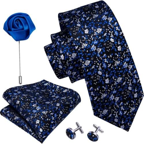 Mens Wedding Tie Blue Floral Silk Necktie 4pc Boutonniere Handkerchief Set Barry.Wang Fashion Designer Neck Ties For Men Gifts