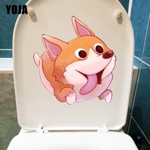 YOJA 21.5×22.8CM Corgi Jumping Happily Personality Toilet Stickers WC Accessories Home Decoration T1-2413