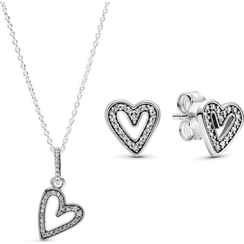 New Year 2020 High-quality Silver 925 Bright Hand-painted Heart-shaped Pin Earrings Necklace Set Original Woman Jewelry Gift