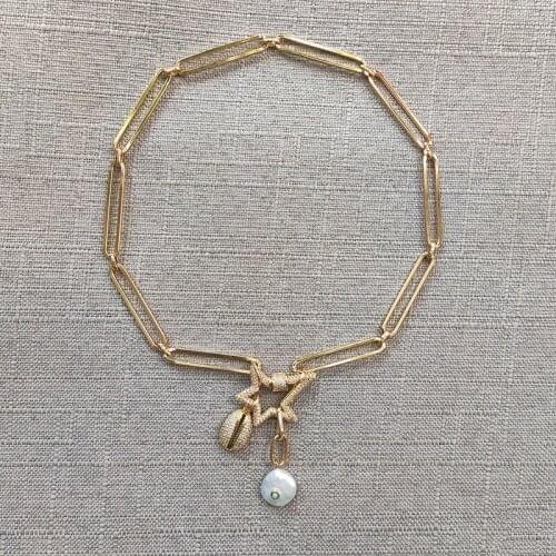 Punk long chain Chunky necklace real pearl gold-color shell pendant jewelry gift for friends choker party fashion accessories