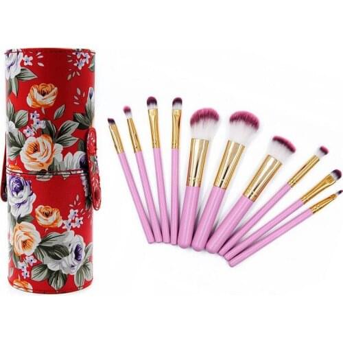 Professional 10pcs t makeup brush sesoft synthetic hair cosmetic brushes kits with flower parrten PU barrels
