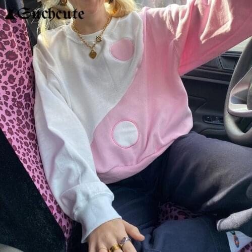 SUCHCUTE Patchwork Style Sweatshirts Long Sleeve Y2K Loose Women Tops Harajuku Casual Streetwear O Neck Pullovers Autumn Clothes