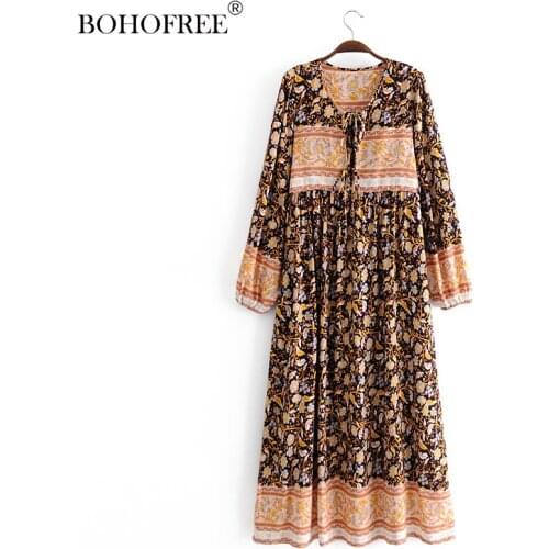 Bohemian Floral Print Long Robes Tunic Dress Casual Spring Autumn Vestidos Boho Chic Long Sleeves Hippie Vestidos
