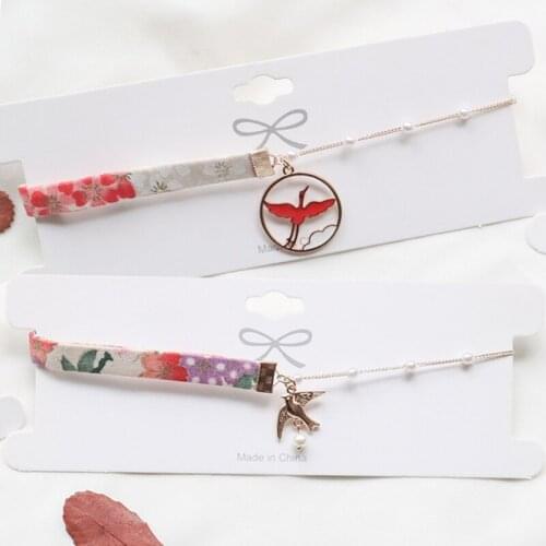 Harajuku Japanese Style Red Crane Bird Pedndant Necklace Blossom Printed Fabric Choker Collar Faux Pearl Chains Collares FSN01