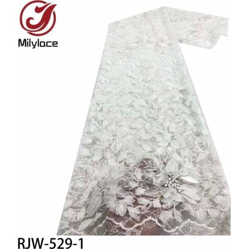 High Quality 3D Flower Embroidered African Tulle Lace Fabric Fashion French Lace Embroidery Fabric with Beads for Dress RJW-529