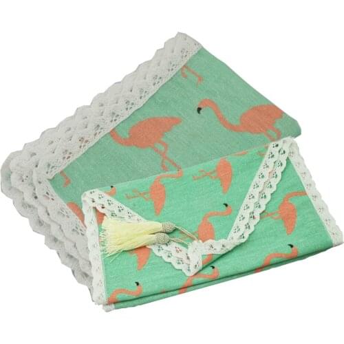 Green Rectangle Home Table Cover Christmas Dinner Table Cloth Printed Flamigo Linen Cotton Tablecloth Tassel Lace Table Runner