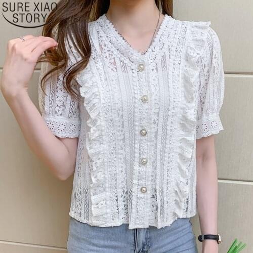 Sweet White Lace Shirt Women Summer Tops 2021 New Fashion Reffles Casual Clothes Short Puff Sleeve Hollow V-neck Blusas 13990