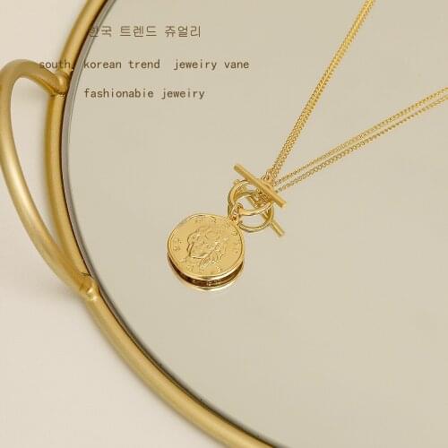 16K Gold Coin Necklace Female Cold Wind Retro Portrait Necklace Geometric Fashion Wild Clavicle Chain Banquet Birthday Gift