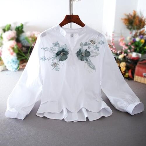 Womens spring autumn flower embroidery casual loose cotton short shirt ladys v-neck pullovers white blouse TB3974