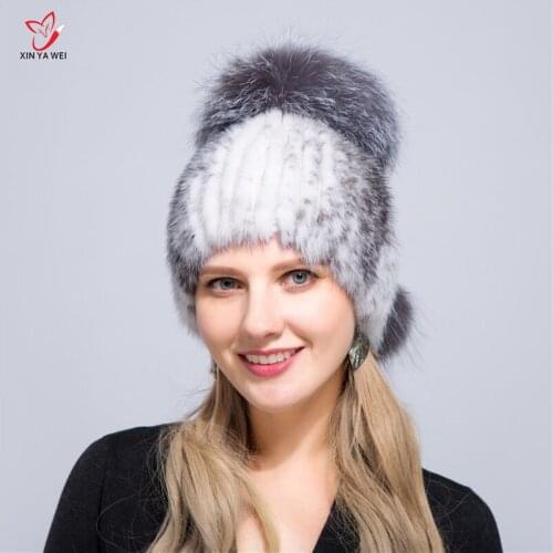 2019 Hat mink fur hat winter women knitted mink fur hat real fox pompom ladies hats fur warm hat Free Shipping