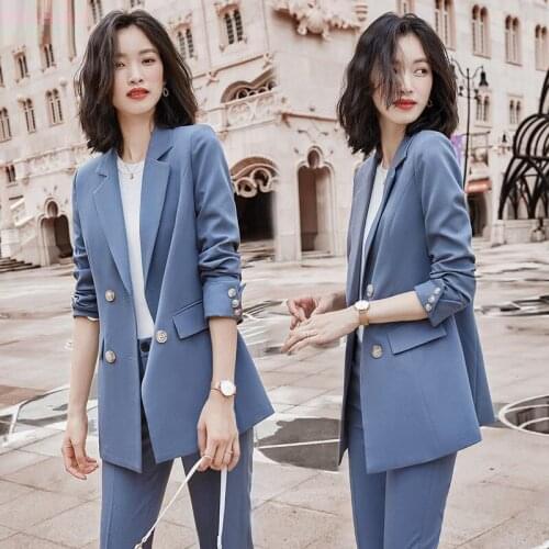 Women 2021 Spring Fashion 2 Piece Sets Female Business Lady Office Uniforms Jackets Ladies Slim Trousers Work Pant Suits Y208