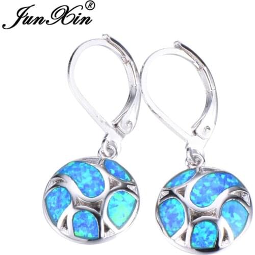 JUNXIN Bohemian Round Drop Earrings Blue White Fire Opal Earrings For Women Silver Color Jewelry Best Gift