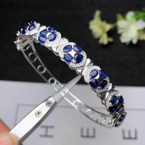 Natural blue sapphire gem Bangles Natural gemstone Bangles S925 silver bracelet Luxurious Clover women wedding gift jewelry