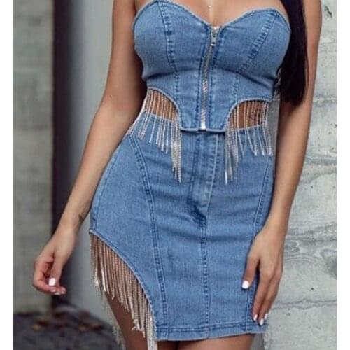Two Piece Set Summer Denim Skirts Suits For Women 2021 Gradient Color Sexy Crop Tops And High Waist Split Skirt Women Outfit