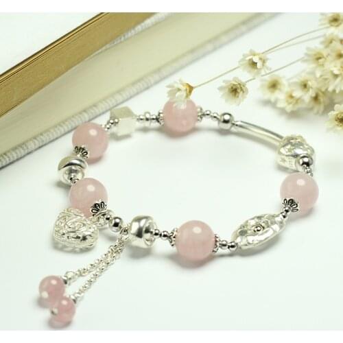 Sinya Girls Rose Quartz Bracelet in 925 sterling silver pink crystal elastic bangles for Lover women ladies Mum best gift 2018