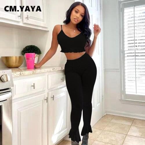 CM.YAYA Women Set Solid Sleeveless V-neck Strap Crop Tops Mid Waist Stretchy Long Pants Two 2 Piece Sets Tracksuit Outfit Summer