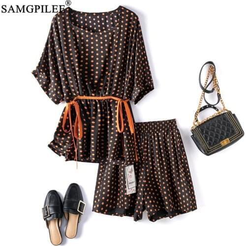 Summer Two Piece Set For Women 2021 New Short Sleeve Casual Pullover Slash Neck Elastic Waist Mini Polka Dot Shorts Sets 4XL