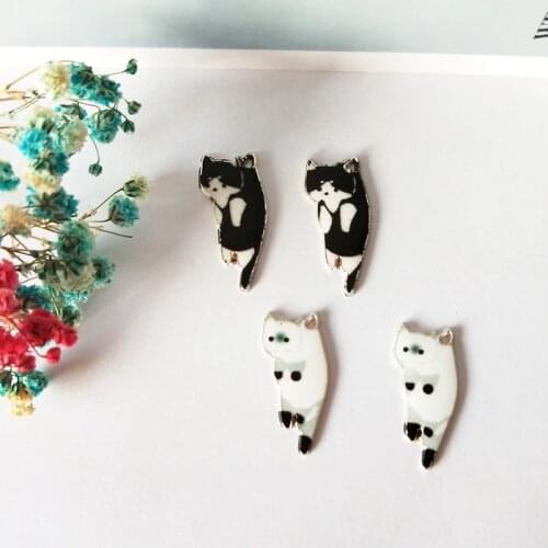 10pcs Enamel Little Cats Alloy Charms Cute Sleeping Cats Pendants DIY Bracelet Earring Floating Jewelry Accessories Silver Base