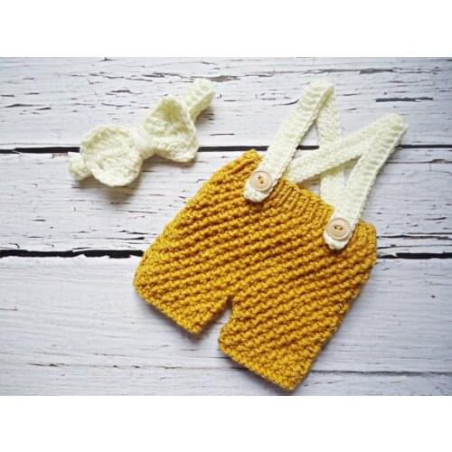 Free shipping,handmade Crochet Baby Beige Bow tie with matching yellow overalls / shorts baby Set Newborn Photo Prop NB-3m gift