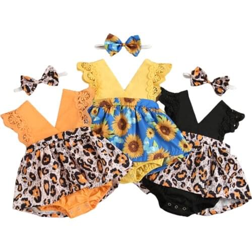 Cute Baby Clothing Summer Fashion Infant Girls Clothes Leopard Flowers Print Sleeveless V Neck Romper Jumpsuit+Headband