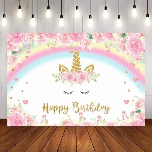Photography backdrop Pink Rose Flower Unicorn Birthday Party Background for Photo Studio Rainbow Yellow Happy Birthday Party