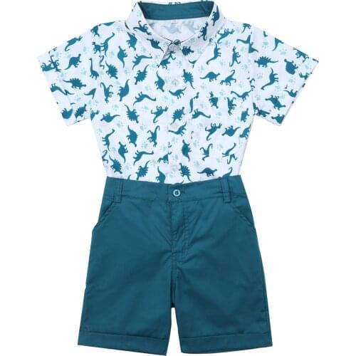 Oyolan 2PCS Childrens Outfit Sets Boys Short Sleeve Shirt Shorts Summer Casual Cartoon Dinosaur Print Kids Boy Cotton Clothes