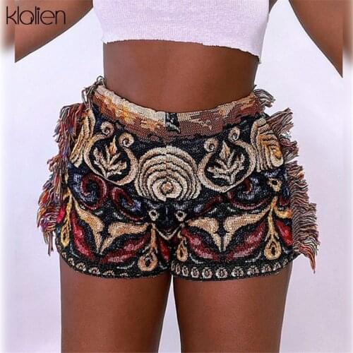 KLALIEN 2021 Summer New Vintage Print Women Shorts Indie Folk Style Side Tassel Patchwork Female Pant Casual High Waist Bottom