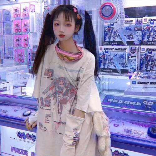 Summer T Shirt Harajuku y2k Japanese Cute Anime Cartoon Mecha Girl Printing INS Oversized Loose Short Sleeved T-shirt Women Tops