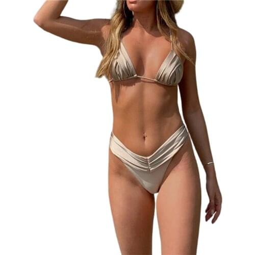 Meihuida 2021 Summer Ladies Split Swimwear Set Adults Women Creative Solid Color Lace Up Ruched Bikini Sexy Backless Swimsuit