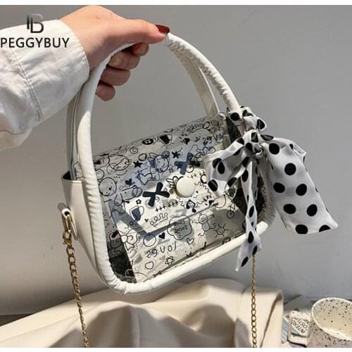 Fashion Women PU Leather Transparent Graffiti Printing Crossbody Shoulder Messenger Bag Casual Ladies Silk Scarf Chain Small