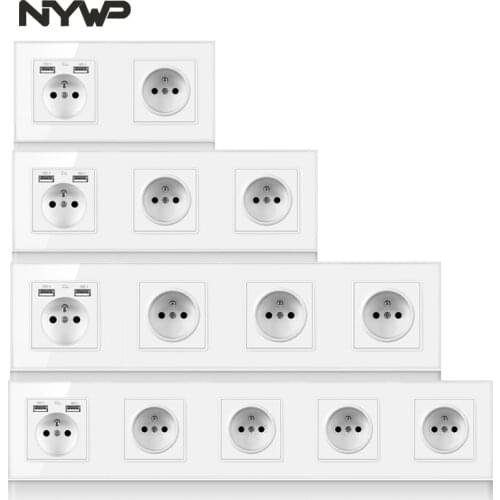 Wall-mounted 16A French standard multi-channel power grounding socket, triple and quad socket crystal glass panel wall power usb