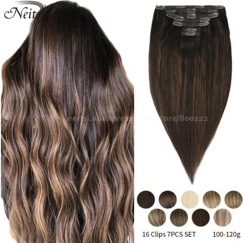 Neitsi Remy Clip In On Ombre Human Hair Extensions 20" 7pcs 16 Clips 110g Natural Straight Clip Ins Balayage Color Double Weft