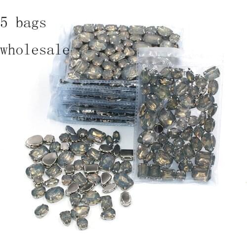 New Wholesale 5 bags mixed shape Gray rhinestones Resin silver base sew on rhinestones for Clothing accessories